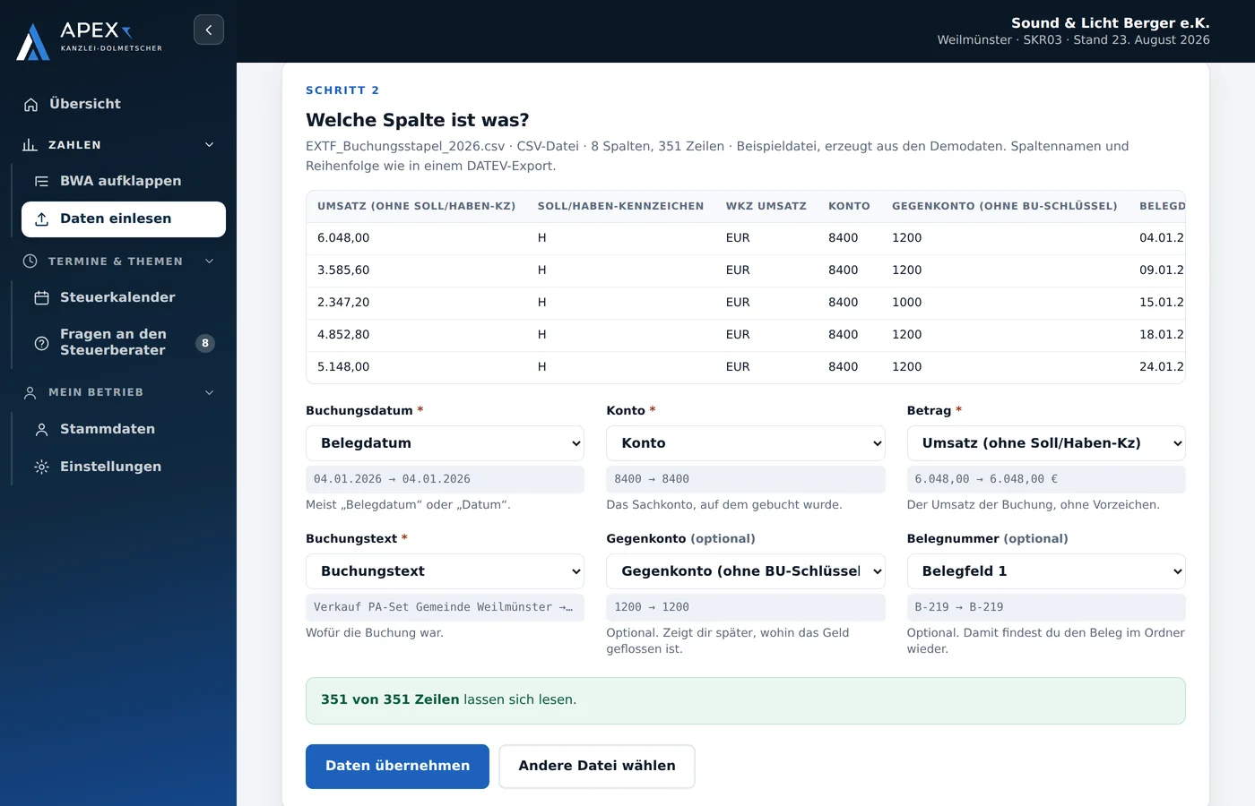 Import einer Kanzlei-Datei mit Zuordnung der Spalten
