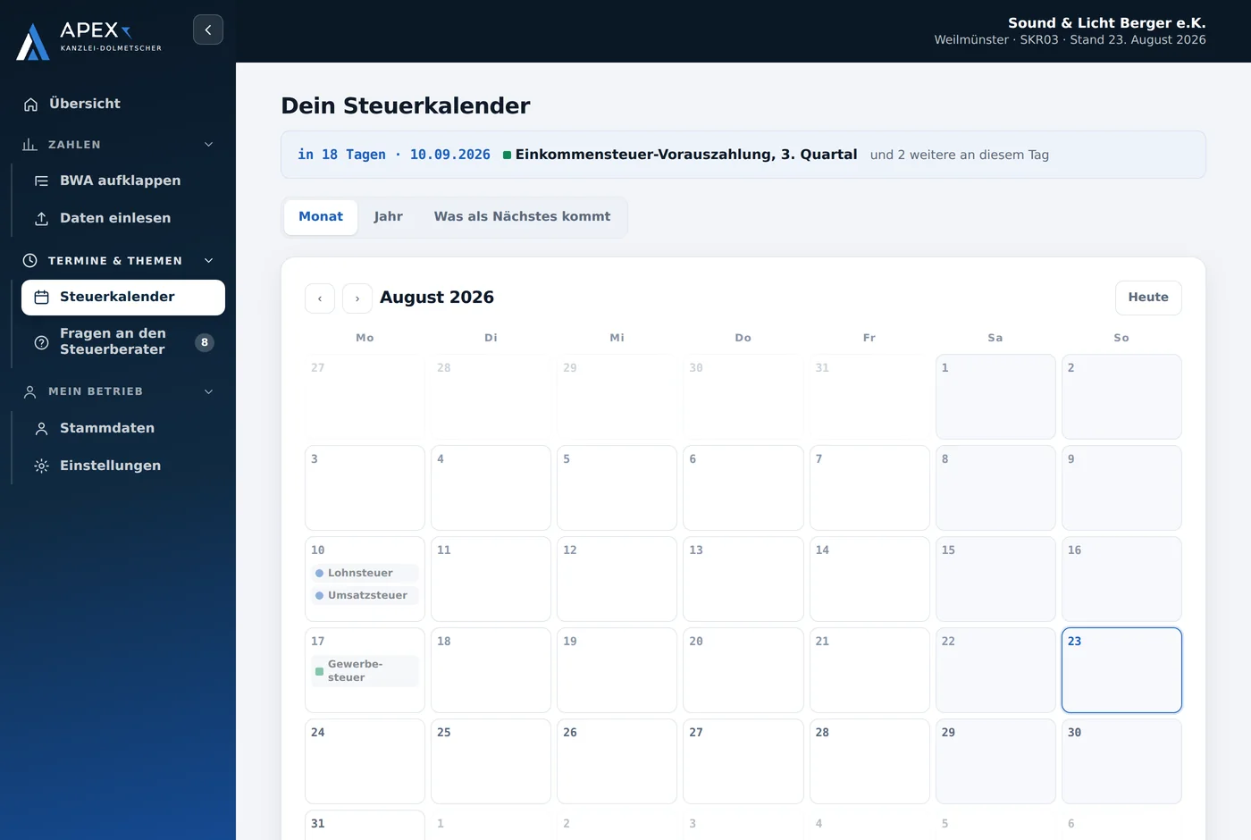 Steuerkalender in der Monatsansicht