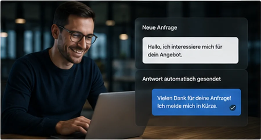 Selbstständiger am Laptop, daneben eine automatisch versendete Antwort