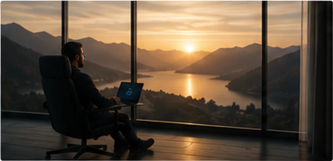 Selbstständiger arbeitet entspannt am Laptop mit Blick auf einen See bei Sonnenuntergang