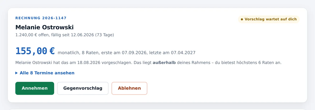 Entscheidungsansicht mit Ratenvorschlag und den Knöpfen annehmen, Gegenvorschlag und ablehnen