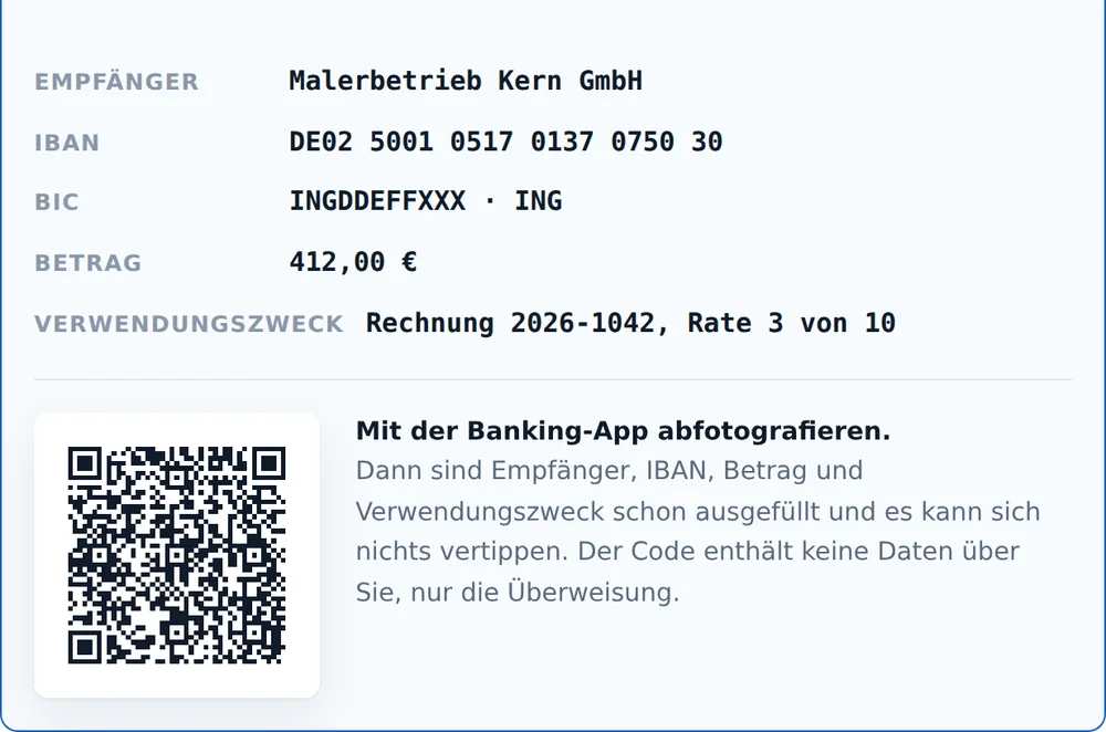 Überweisungsdaten mit erzeugtem QR-Code für die Banking-App