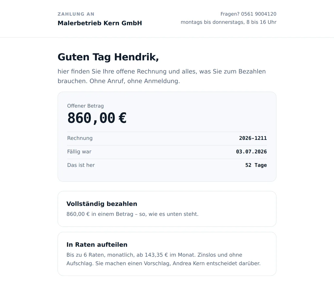 Kundenseite mit offenem Betrag und den beiden Wegen bezahlen oder Raten vorschlagen