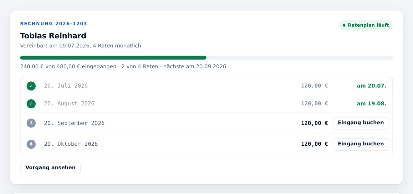 Laufender Ratenplan mit Fortschrittsbalken und Terminliste