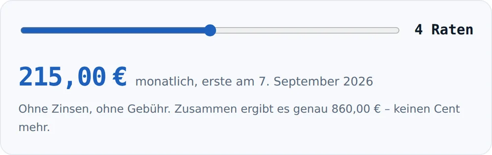 Ratenrechner auf der Kundenseite mit Schieberegler und Terminliste