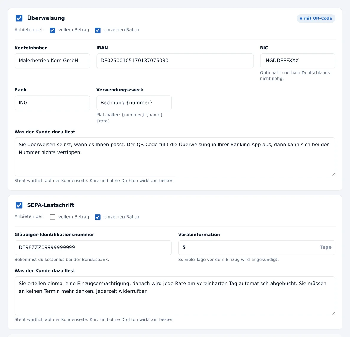Einstellung der Zahlwege mit Kontodaten und Erklärtexten