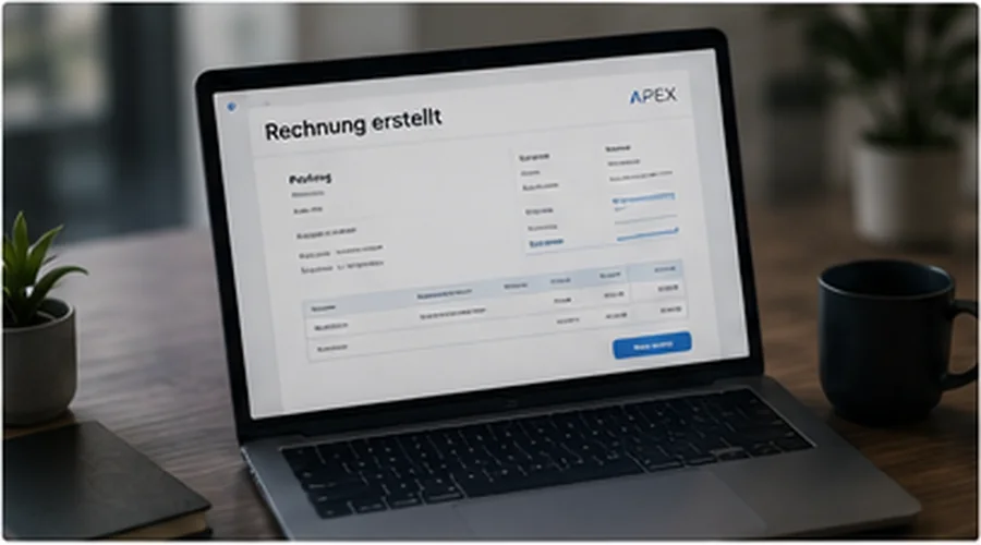 Laptop mit einer fertig erstellten Rechnung auf dem Bildschirm