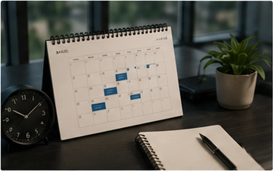 Tischkalender und Uhr auf einem Schreibtisch